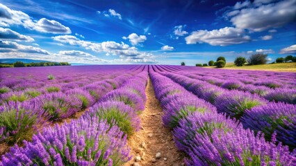 Naklejka premium Beautiful Lavender Fields in Bloom Showcasing Vivid Purple Flowers Under Clear Blue Sky