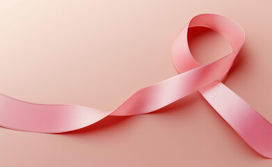 A pink breast cancer awareness ribbon against a soft pink background.