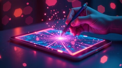 Tablet on neon digital background with bokeh.