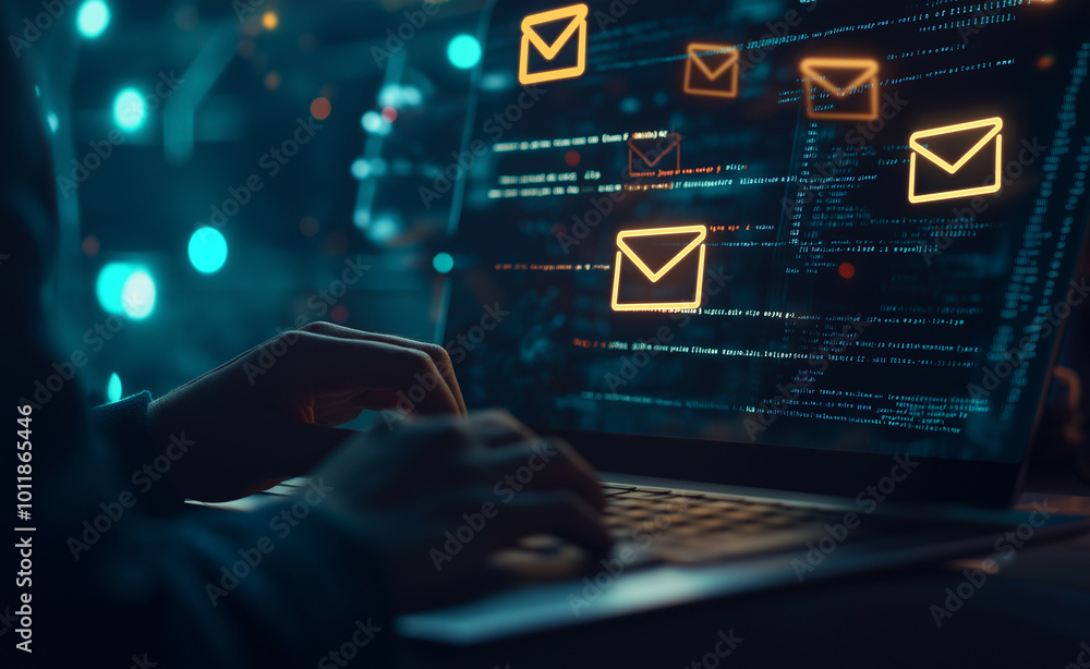 Poster a person working on a laptop with glowing code and floating email icons in a dark, neon-lit environm