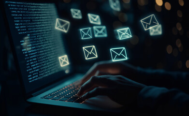 Fototapeta premium A person typing on a laptop with email icons floating in a dark, neon-lit environment.