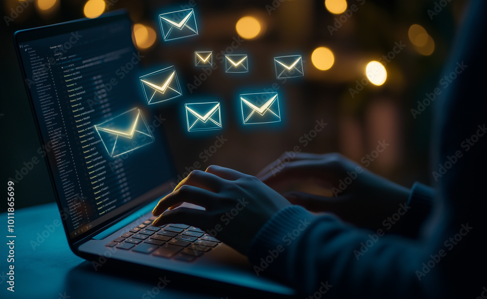 Poster a person working on a laptop with glowing code and floating email icons in a dark, neon-lit environm
