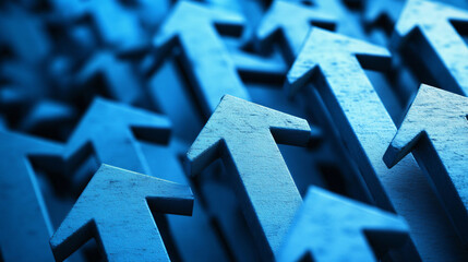 A blue background with arrows pointing upwards, representing stock market growth or business success in the financial industry graph show upward trends