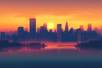 Naklejka premium Minimalist Vector Art of a Cityscape at Sunset with Soft Hues and Clean Lines