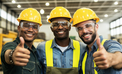 Three smiling construction workers wearing hard hats and safety vests, giving thumbs up in a warehouse setting.