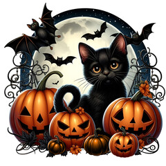 Black cat in front of the moon with Halloween pumpkins and bats, cartoon