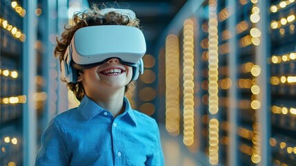Boy wearing VR headset in a data center.