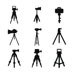 Camera on a tripod silhouette on a white background