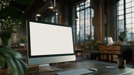 Fototapeta premium A modern workspace featuring a blank computer screen and a wooden desk with plants.