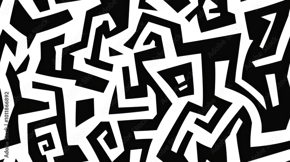 Poster bold, abstract black and white geometric pattern featuring sharp, angular shapes and lines. perfect 