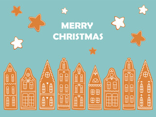 Obraz premium Greeting card with cute cartoon Christmas gingerbread houses