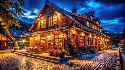 Fototapeta premium Beautifully Illuminated Outdoor Building with Warm Lighting Creating a Cozy Atmosphere at Night