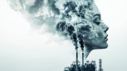 Pollution and Human Silhouette with Smoke Stack Factory