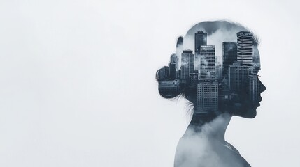 Woman Silhouette Overlapping City Skyline in Fog