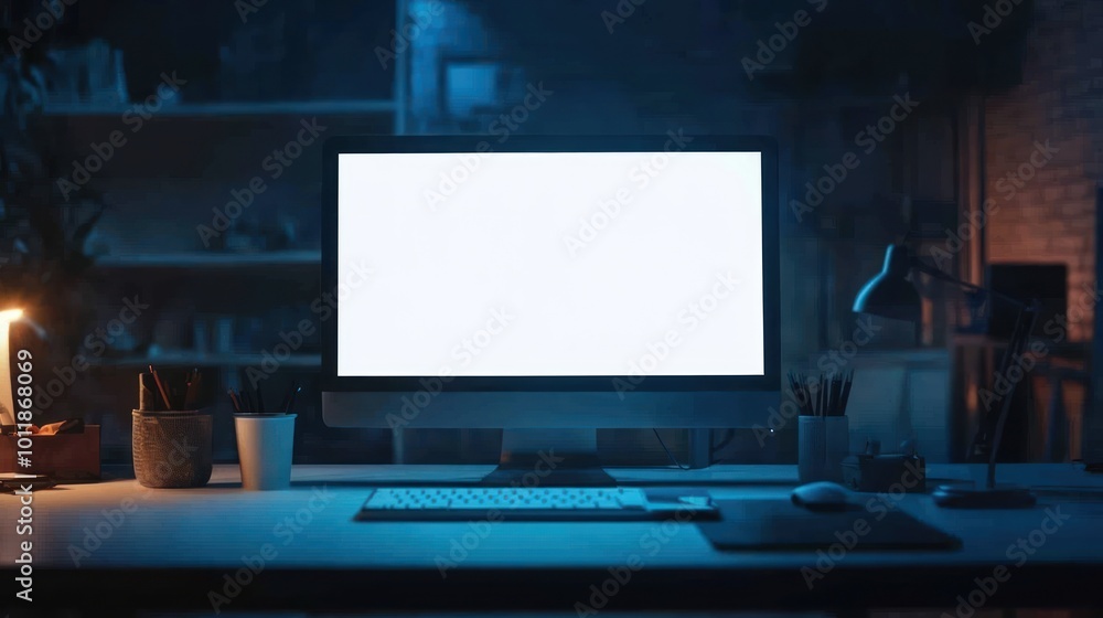 Poster a dimly lit workspace featuring a blank computer screen and organized desk items.