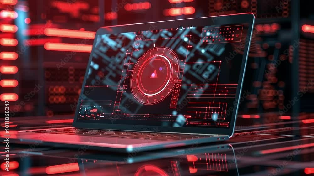 Poster laptop displaying security breach detection system is placed on a server rack in a data center, with