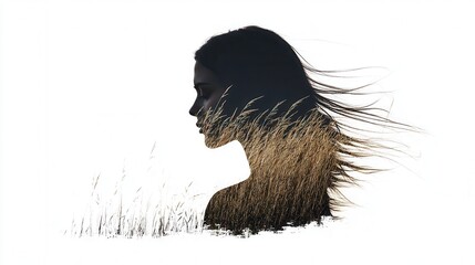 Woman Silhouette with Grass Field Double Exposure