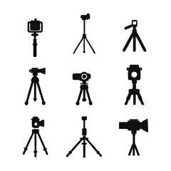 Camera on a tripod silhouette on a white background