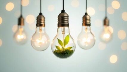 Light bulbs with sprouts inside hang on a white background.