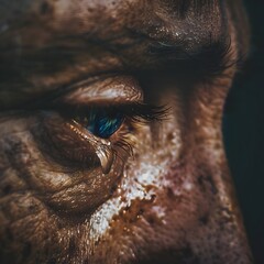 Naklejka premium Close up portrait of a weathered face with a single tear rolling down capturing a moment of profound grief and disheartened emotion