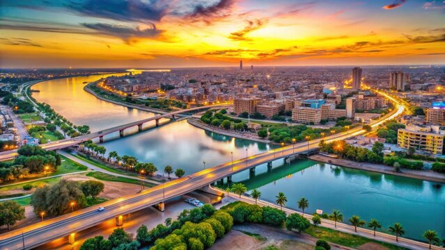 Beautiful panoramic view of Ahvaz city with river, bridges, and modern architecture at sunset