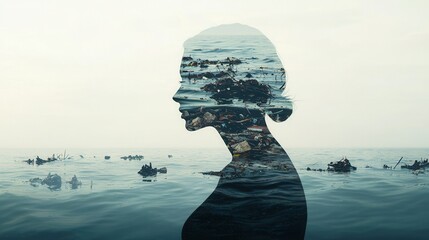 Woman Silhouette With Ocean Pollution Double Exposure