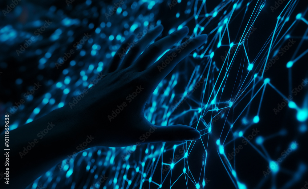 Poster a digital hand touching a glowing network of connected nodes, representing futuristic technology and