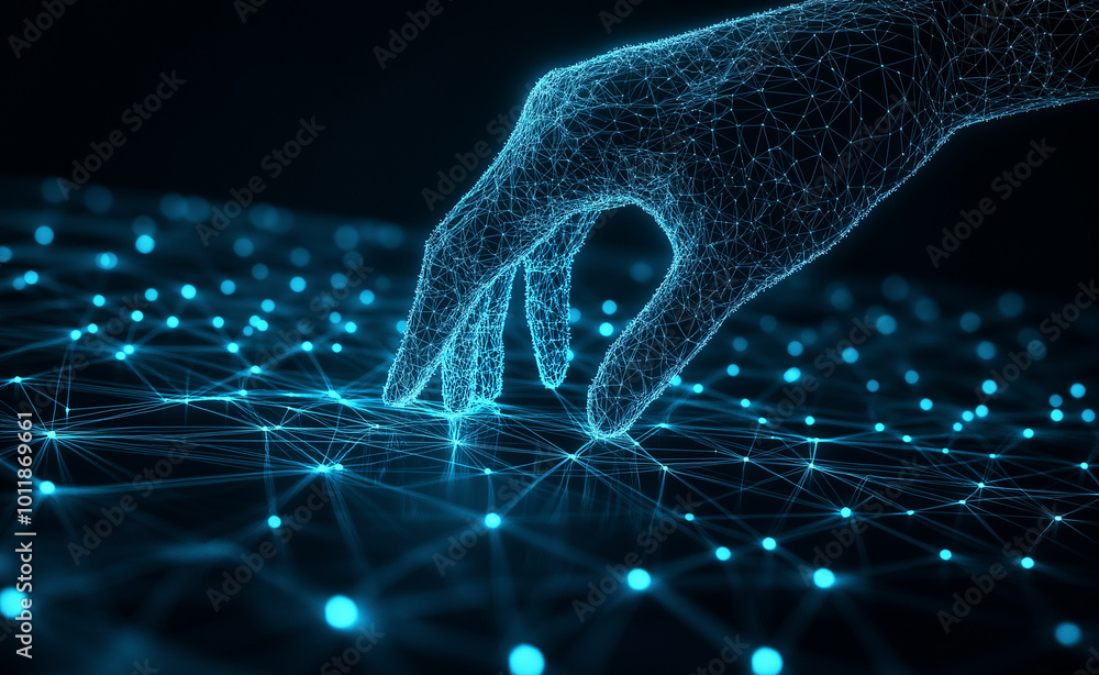 Poster a digital hand touching a glowing network of connected nodes, representing futuristic technology and