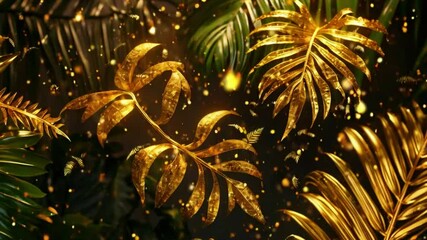 Tropical leaves in various shapes (palm, fern, banana) gold slowly move dark, elegant. Soft particles of golden dust luxury and glamour, ideal beauty perfume themes, 4k background Animation Video
