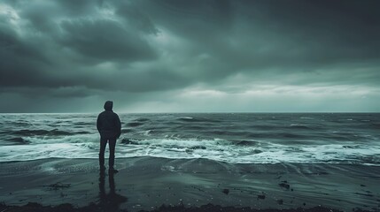 Solitary Figure Gazing Over Stormy Empty Ocean Under Brooding Skies