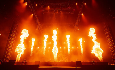 Dramatic pyrotechnics with large flames lighting up a stage during a live concert performance.