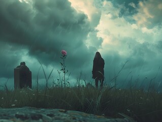 Somber Silhouette A Solitary Figure Amid the Storm Swept Grave