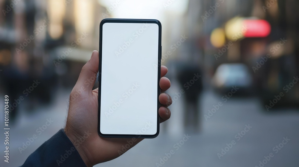 Poster a hand holds a smartphone displaying a blank screen in a busy urban setting.