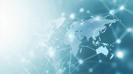 A light blue background with a digital world map and global network connections, representing the concept of international business 