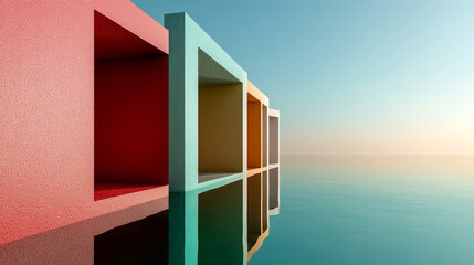 Fototapeta premium Colorful Cubes Reflecting on Horizon: A minimalist composition of vibrant colored cubes arranged in a row, their reflections shimmering on a tranquil blue water surface.