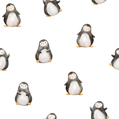 
Seamless pattern with penguins and snowflakes drawn in watercolor isolated on white background. Watercolor winter illustration. Christmas background