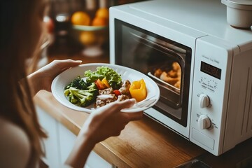 a girl put the food in microwave oven to reheat