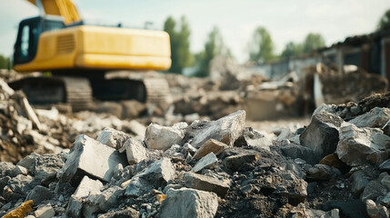 Naklejka premium A construction site with rocks and rubble in the foreground and an excavator working in the background.