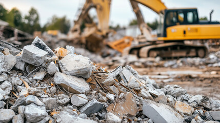 Fototapeta premium A construction site with rocks and rubble in the foreground and an excavator working in the background.
