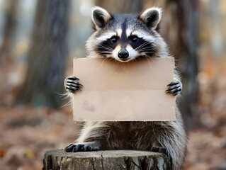 Curious Raccoon Holding Blank Cardboard Sign in Forested Setting