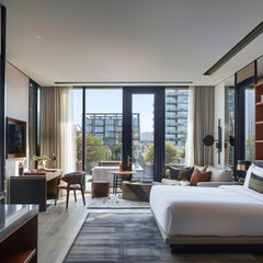 Fototapeta premium large modern hotel room suite with large glass windows with a large outdoor terrace 