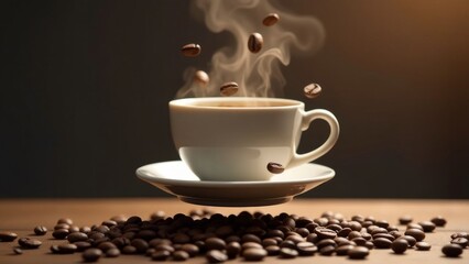 Levitation of a cup of coffee with steam and coffee beans.