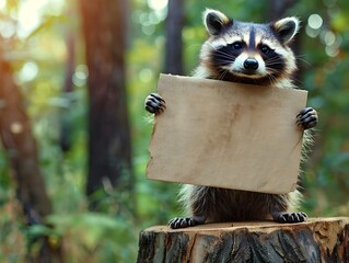 Curious Raccoon Holding Blank Cardboard Sign in Forest Setting