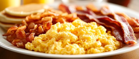 Breakfast plate with scrambled eggs, crispy bacon, and potatoes