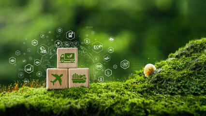 Green logistics concept or sustainable transportation. Air, sea and land transportation. Environmentally friendly transportation. Using technology to deliver green parcels for sustainability.
