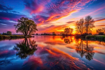 Beautiful sunset over tranquil lake with silhouettes of trees and vibrant colors in the sky