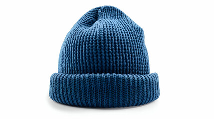 Blue knitted mockup beanie hat isolated on a white background with a soft shadow, reflecting a casual and warm fashion accessory perfect for winter seasons