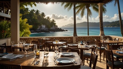 Fototapeta premium Empty tables on a restaurant patio overlooking a tropical bay with palm trees and mountains in the distance.