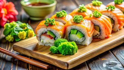 Beautiful tabiko sushi on a wooden plate with wasabi and ginger, perfect for culinary presentations