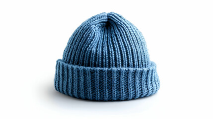 Blue knitted mockup beanie hat isolated on a white background with a soft shadow, reflecting a casual and warm fashion accessory perfect for winter seasons